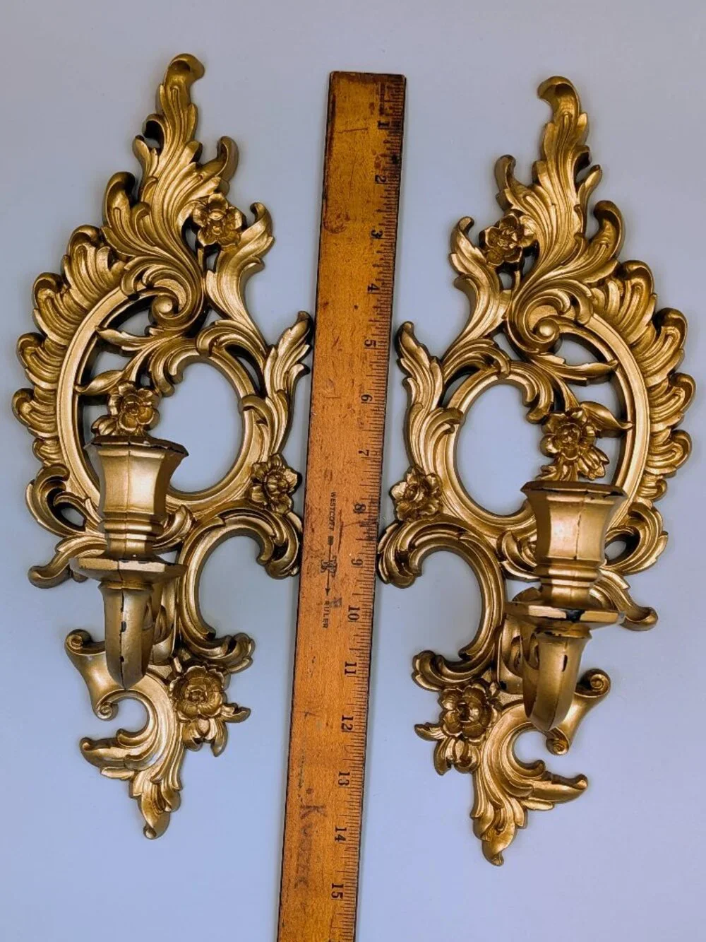 Vintage 1962 SYROCO Molded Resin Gold Tone Candleholder Wall Sconces - Set of 2
